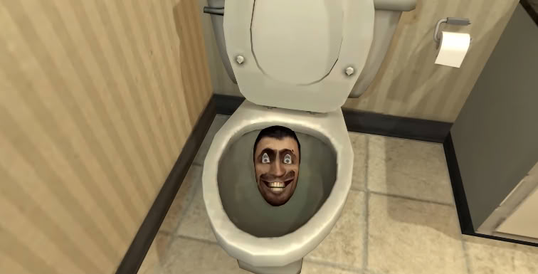 Skibidi Toilet: a computer render of a male human head with wide open eyes coming out of a toilet bowl, smiling